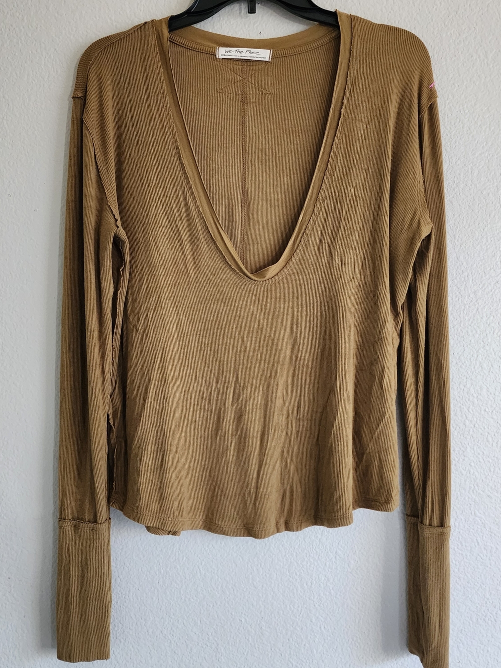 FREE PEOPLE We The Free Jaycee Deep V-Neck Ribbed Top XS Olive Brown